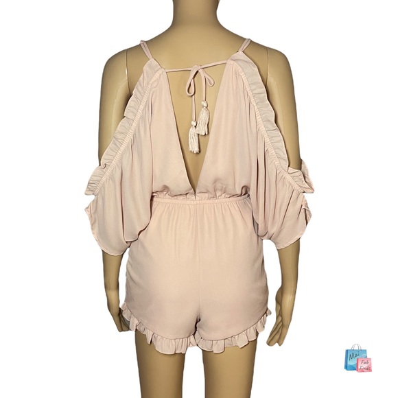 Gianna Bini Women’s Cold Shoulder V-neck Open Back Peach Ruffle Romper XS - Picture 2 of 8
